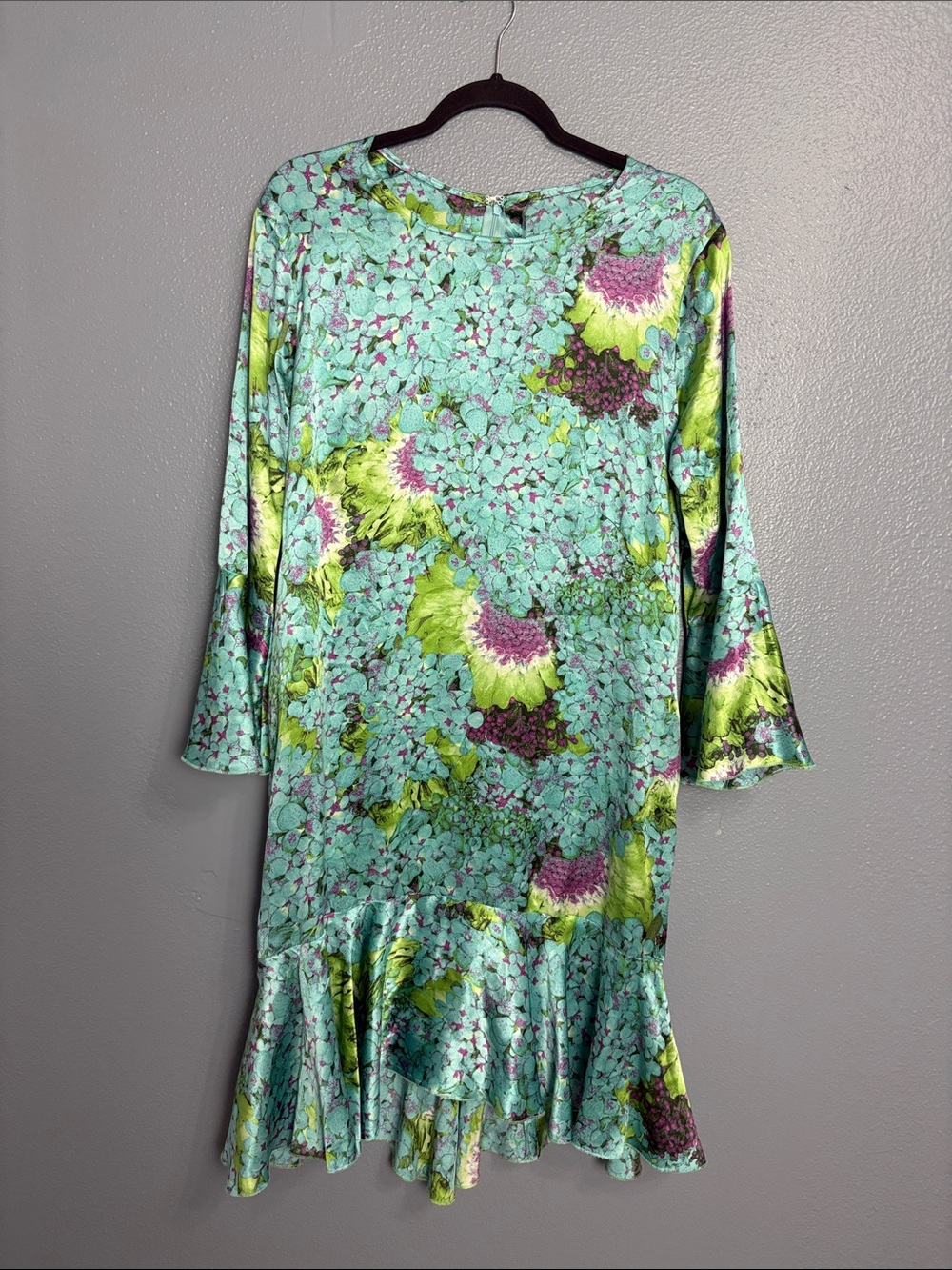 Roberto Cavali Floral Mint Green Shift Dress with Ruffled Hem